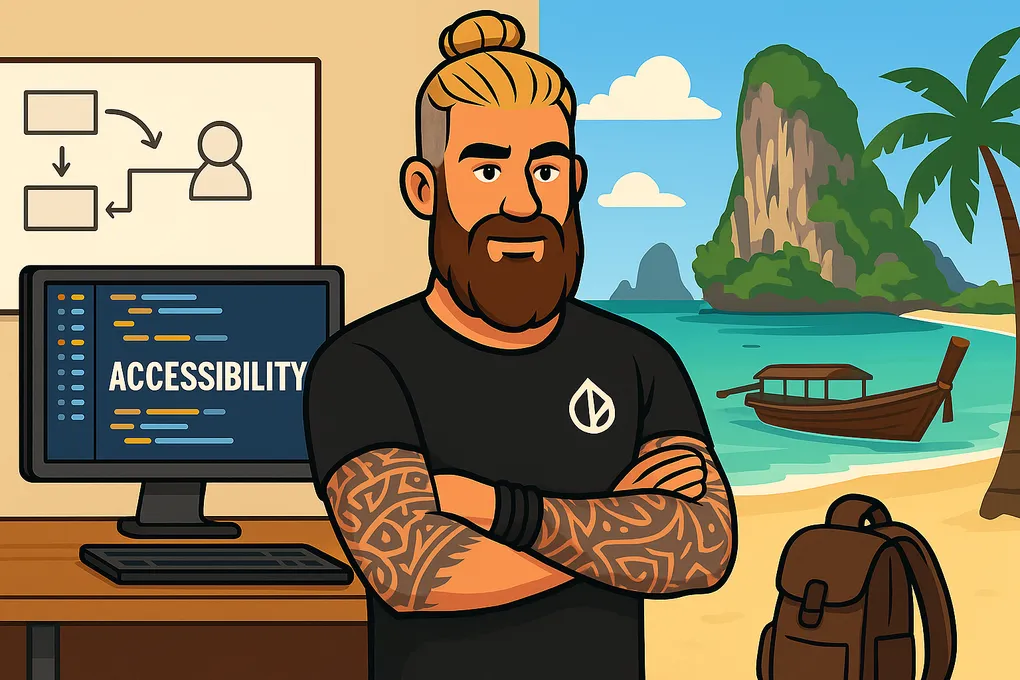 Cartoon image of Andy stood by his desk with an accessibility screen, a flowchart on the wall, and a tropical beach out the window.